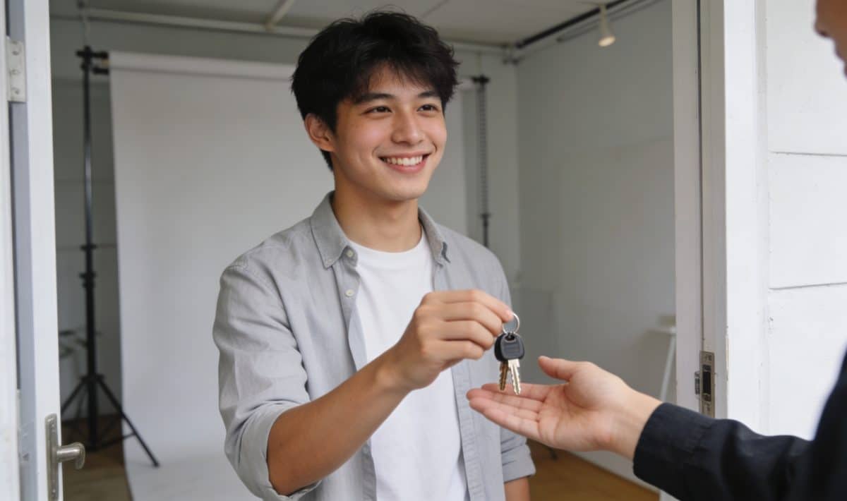 jeune adulte souriant recevant clefs dun petit studio