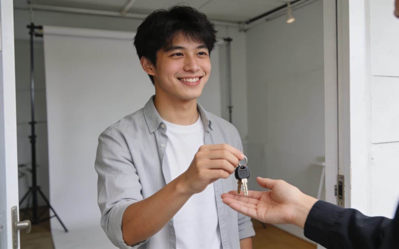jeune adulte souriant recevant clefs dun petit studio