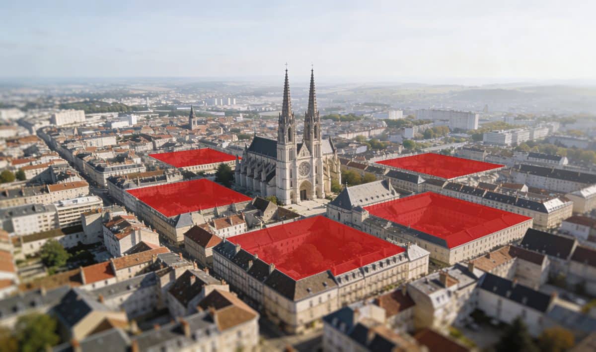 Vue aerienne de Dijon avec cinq zones rouges