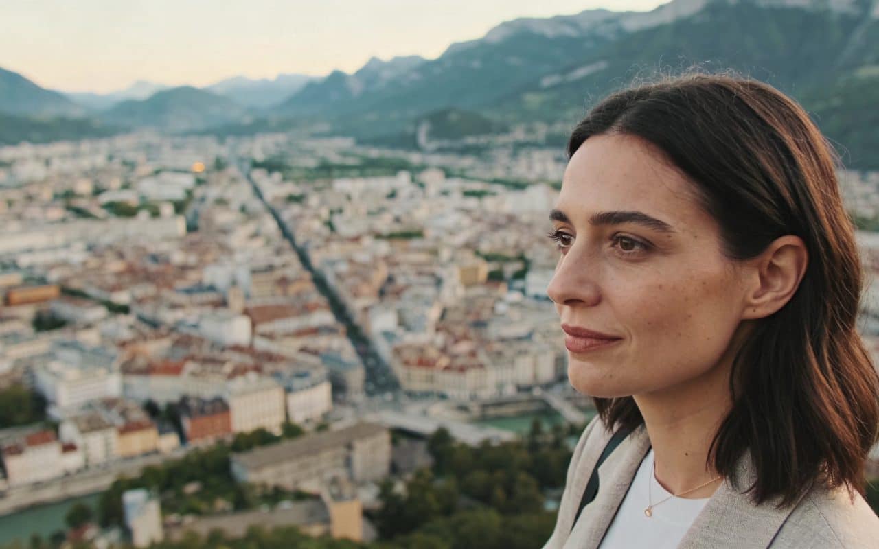 Vue aerienne de Grenoble avec immeubles et montagnes