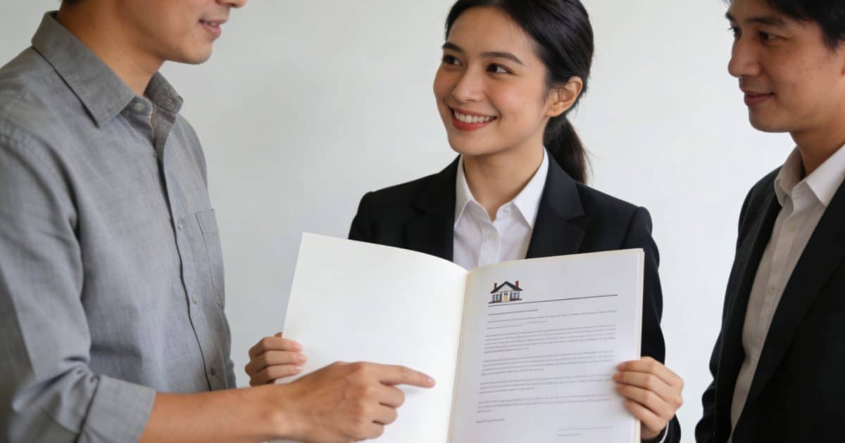 agent immobilier souriant montrant contrat a des clients