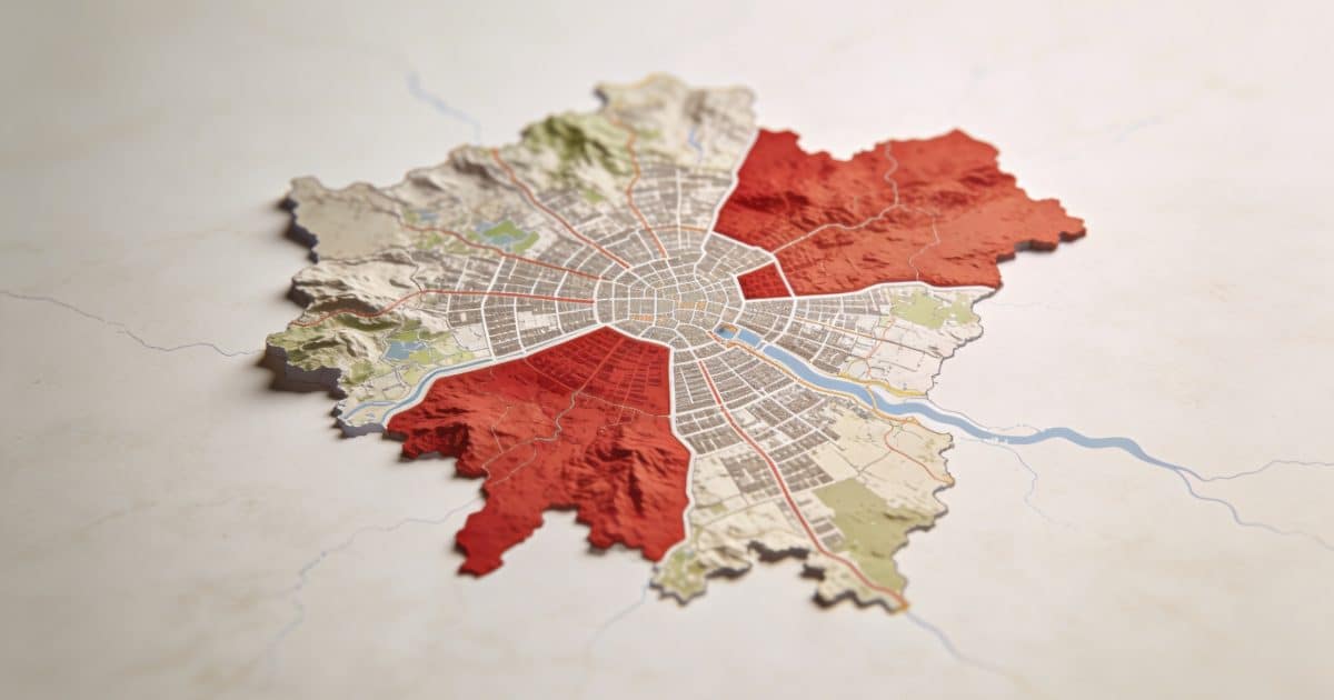 Carte detaillee de Lille avec quatre zones en rouge