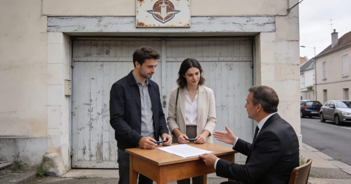 Couple signe contrat devant petit garage et notaire