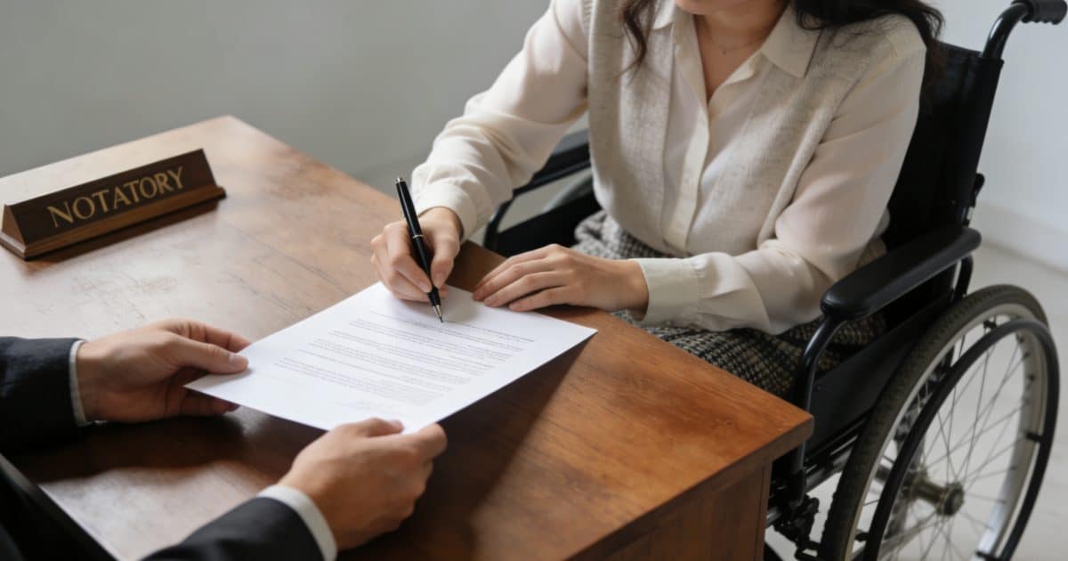 femme en fauteuil roulant signant contrat chez notaire
