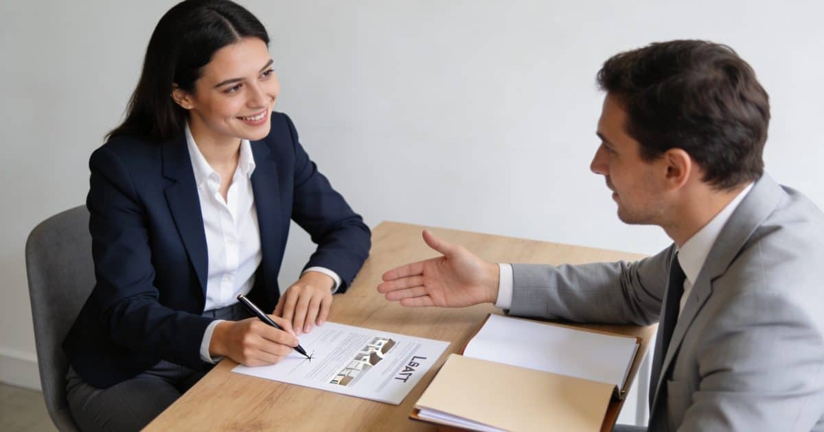 Femme souriante signe un bail devant agent immobilier