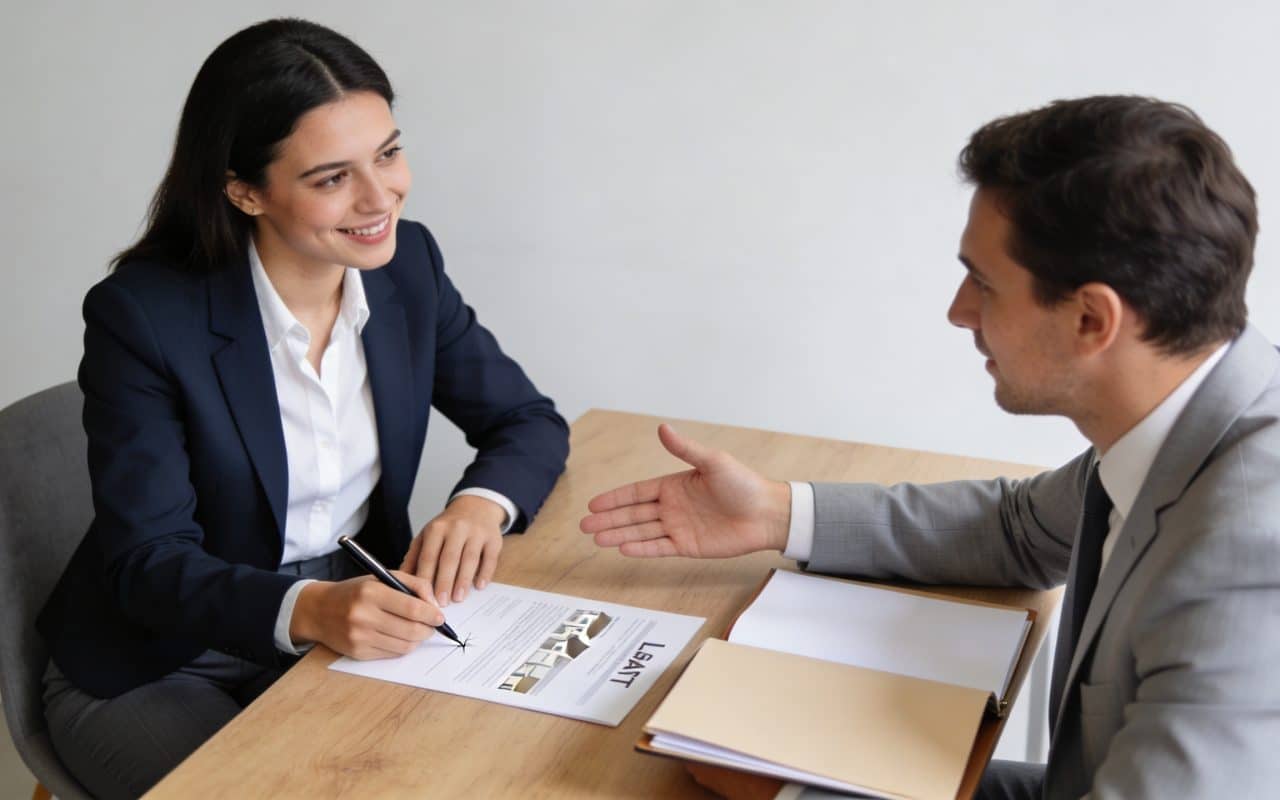 Femme souriante signe un bail devant agent immobilier