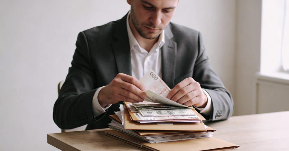 Homme assis seul a table triant dossiers bancaires