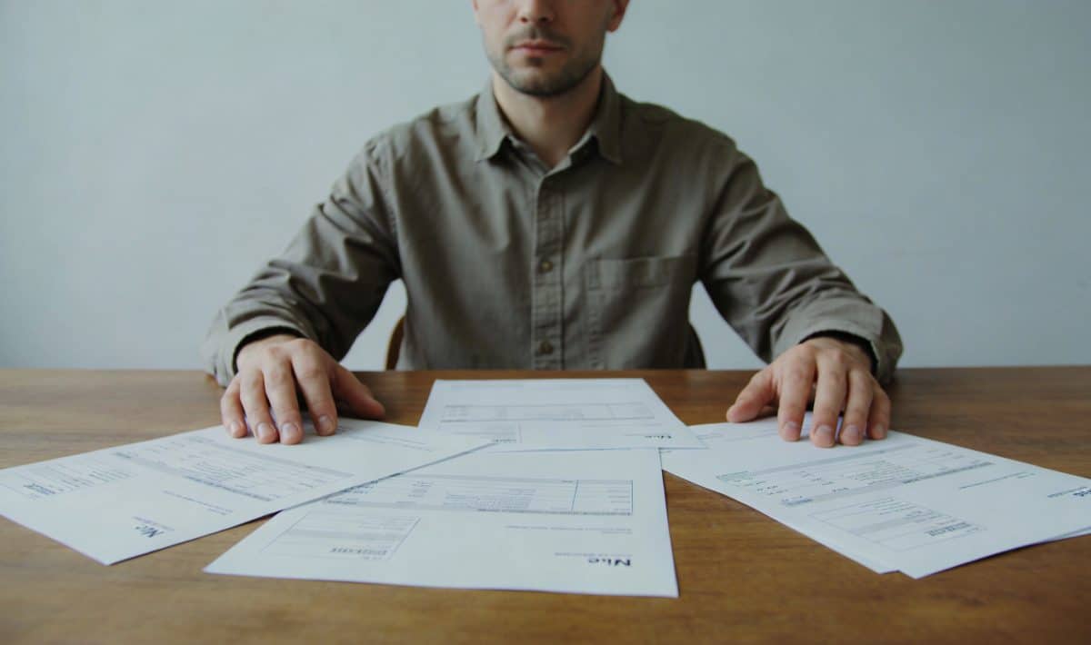 homme seul assis a table avec factures