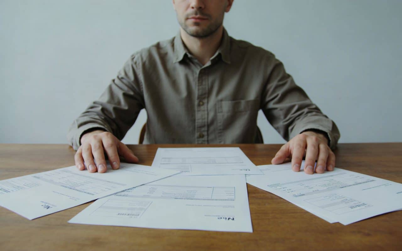 homme seul assis a table avec factures