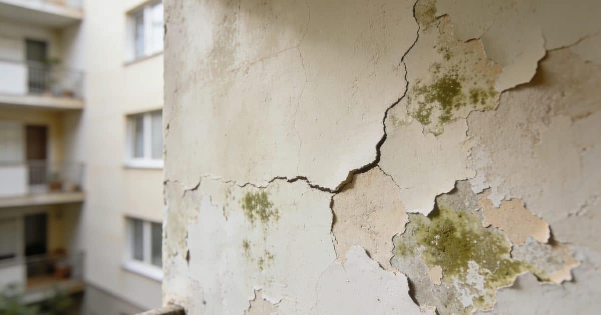 Mur dappartement fissure avec peinture ecailee et moisi