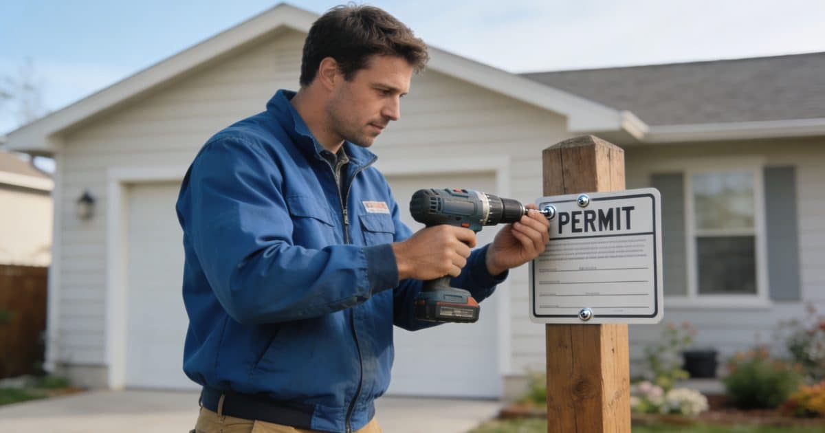 ouvrier fixant un panneau permis devant maison