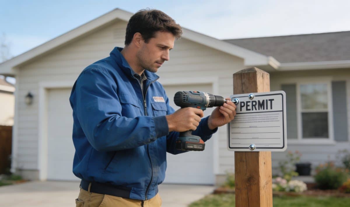 ouvrier fixant un panneau permis devant maison