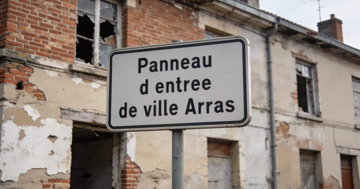 Panneau d entree de ville Arras devant vieux immeubles délabrés