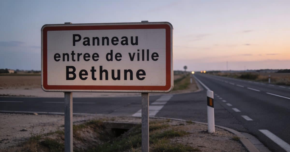 Panneau entree de ville Bethune rues desertes ensoirees