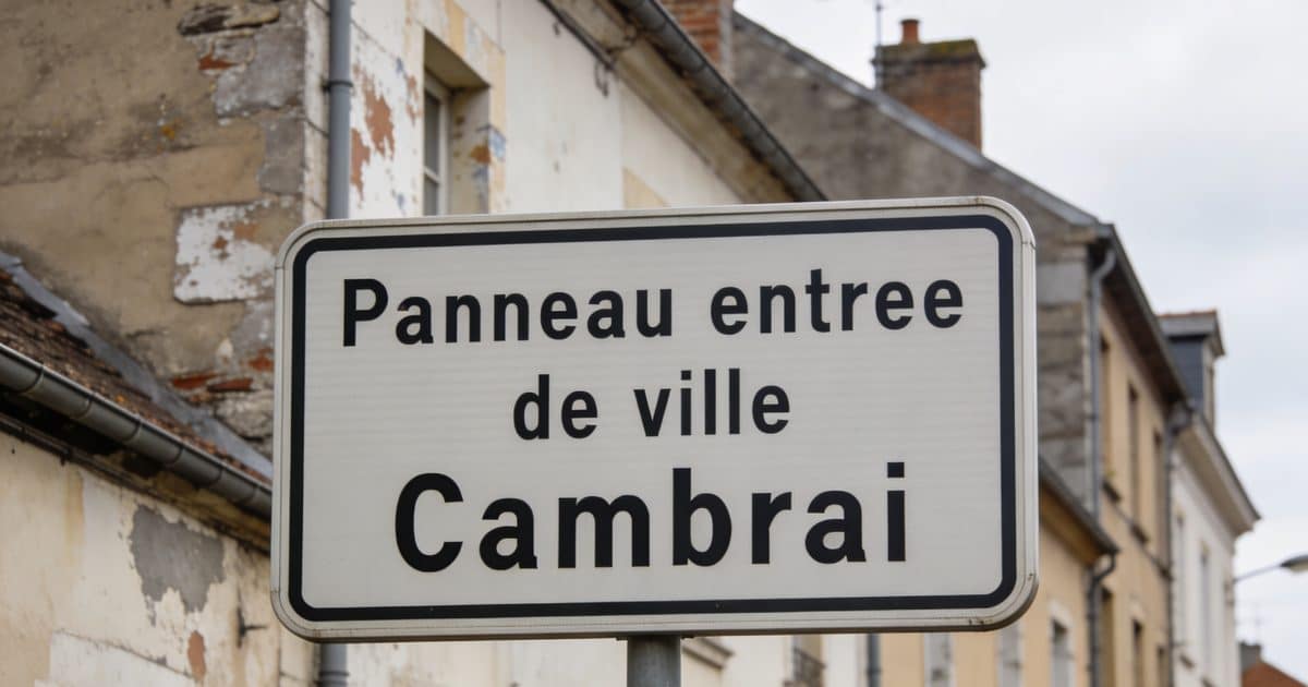Panneau entree de ville Cambrai avec immeubles defraichis