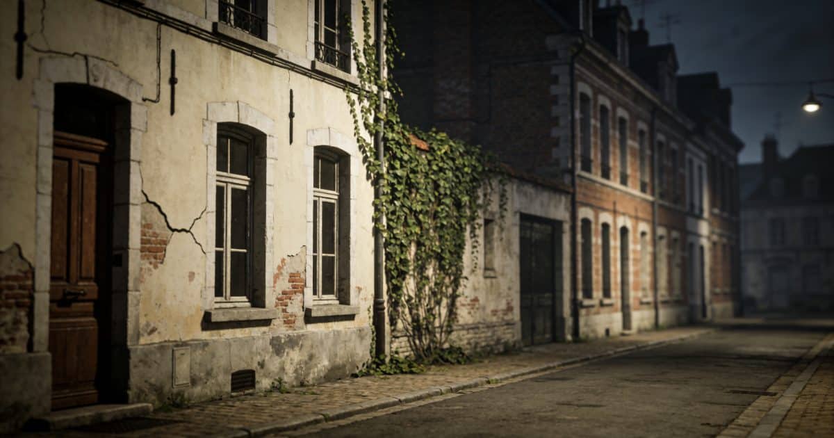 Rue sombre de Douai avec immeubles defraichis