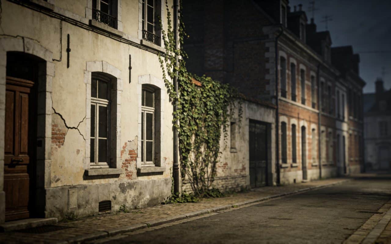 Rue sombre de Douai avec immeubles defraichis