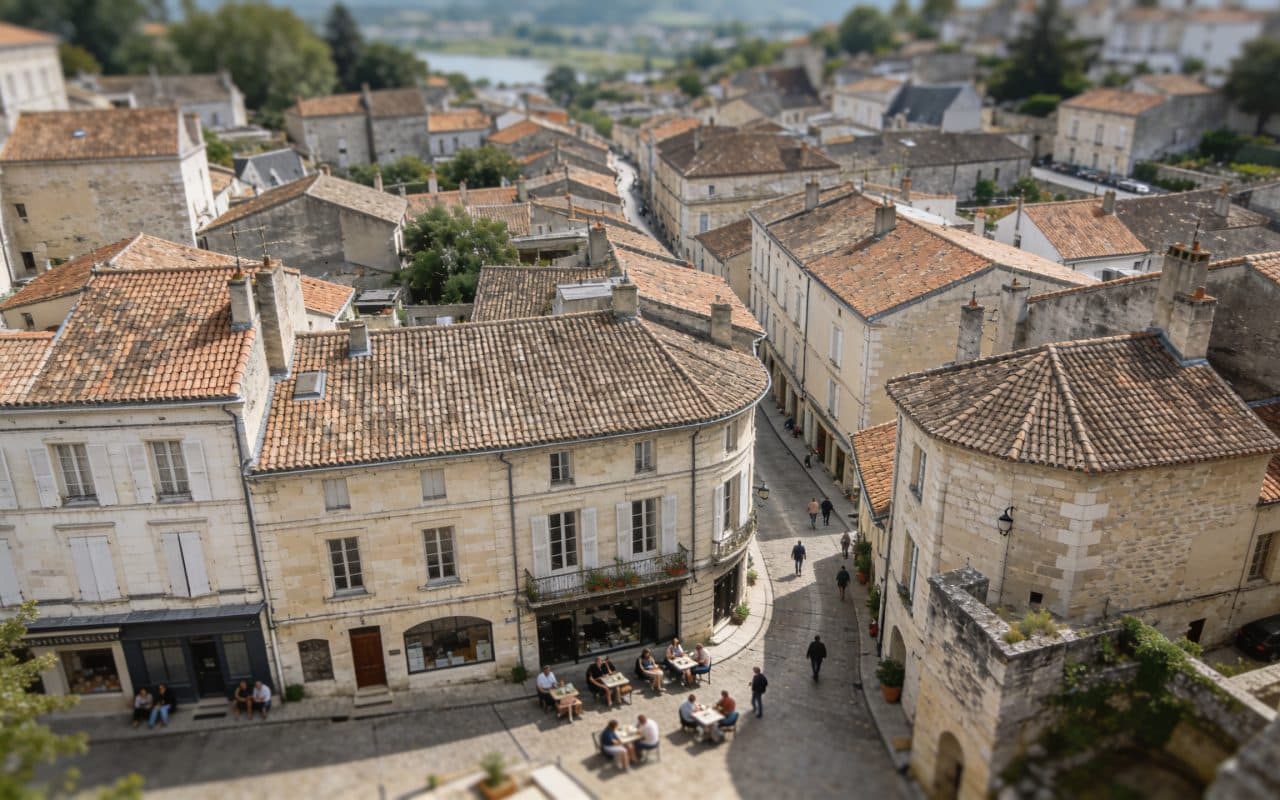 Vue aerienne de Bergerac avec maisons et habitants