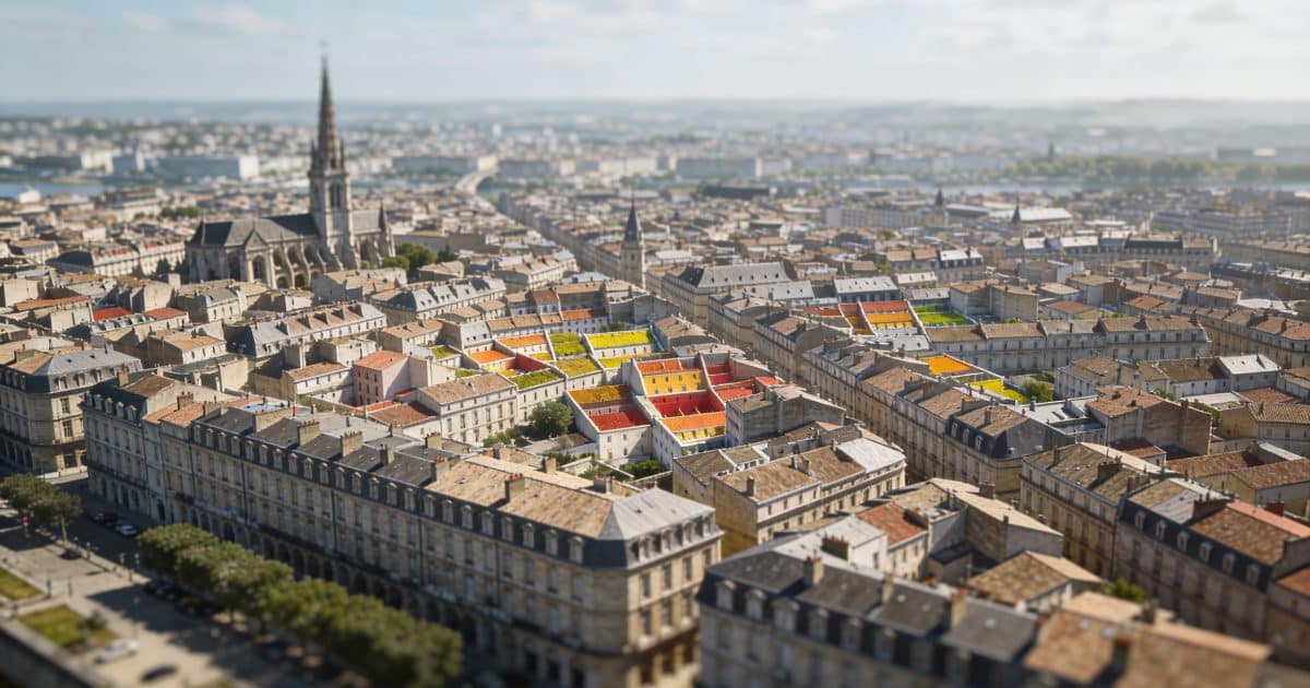 Vue aerienne de Bordeaux avec certains quartiers en surbrillance