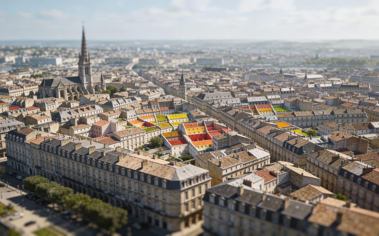 Vue aerienne de Bordeaux avec certains quartiers en surbrillance