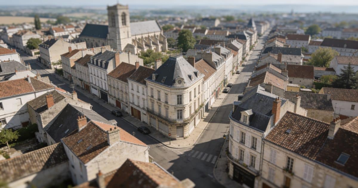 Vue aerienne de Compiegne avec rues et toits