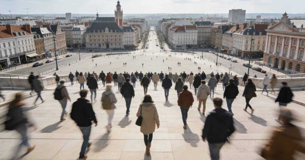 Vue aerienne de Lille avec foule en marche