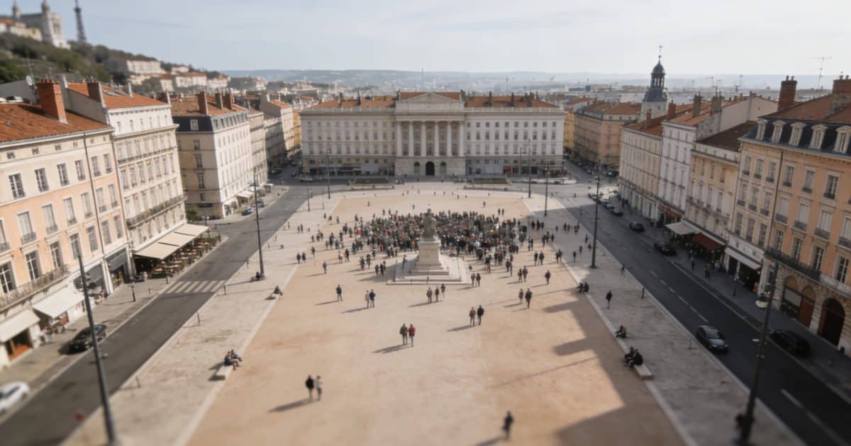 Vue aerienne de Lyon avec foule sur une place