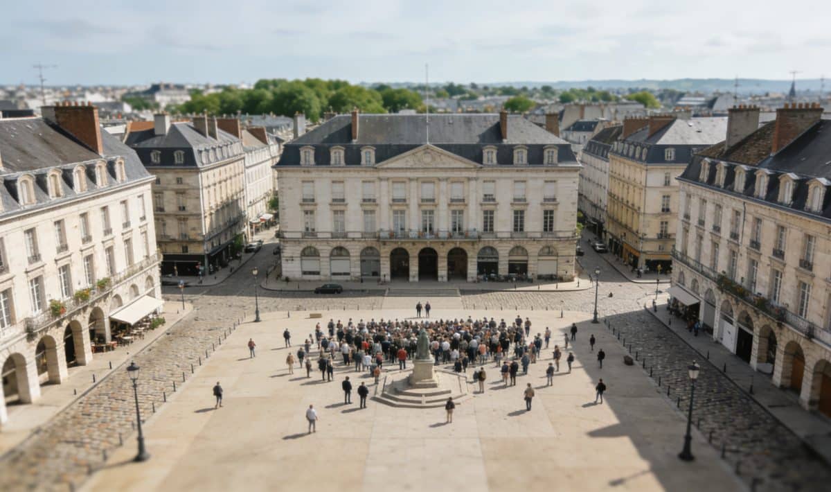 Vue aerienne de Nantes avec foule sur une place