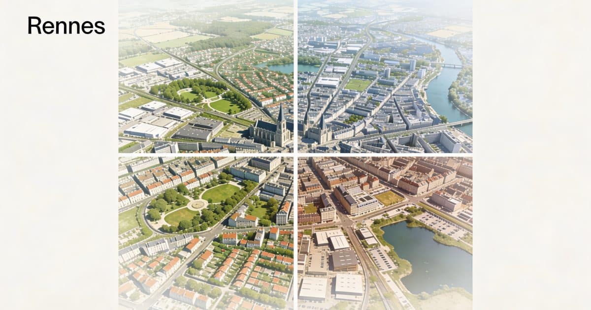Vue aerienne de Rennes avec quatre zones surlignees