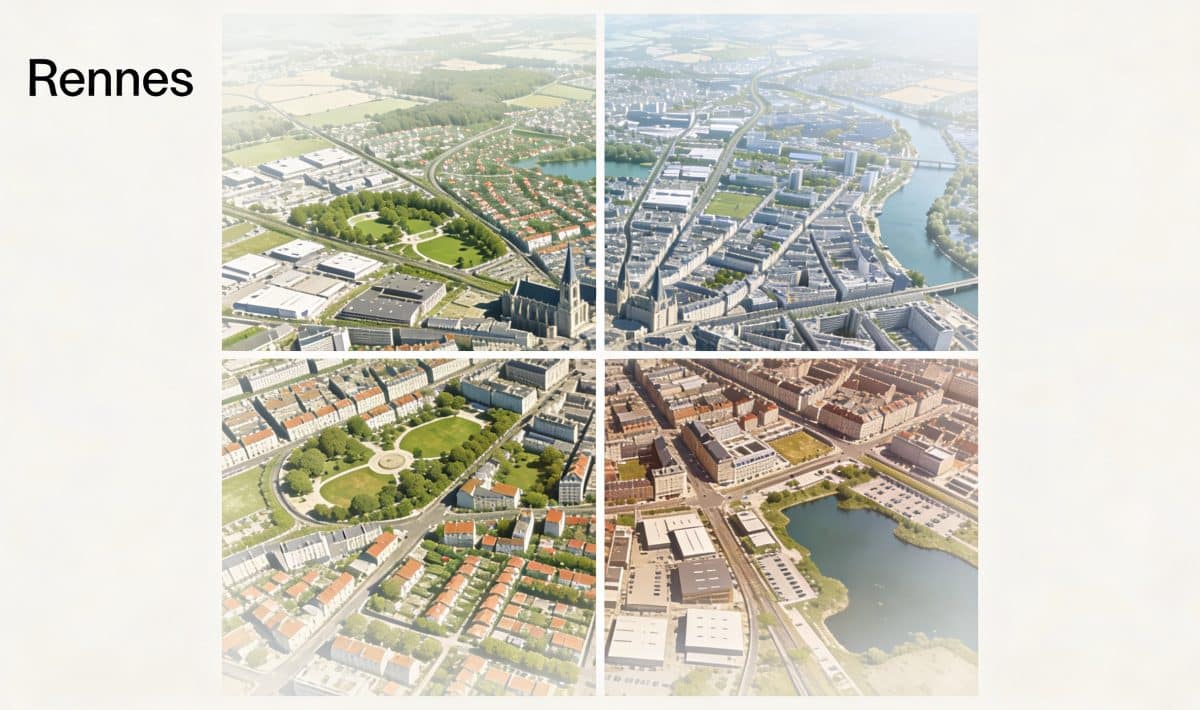 Vue aerienne de Rennes avec quatre zones surlignees