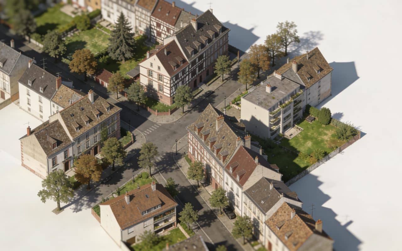Vue aerienne de Strasbourg avec quartiers ombrages