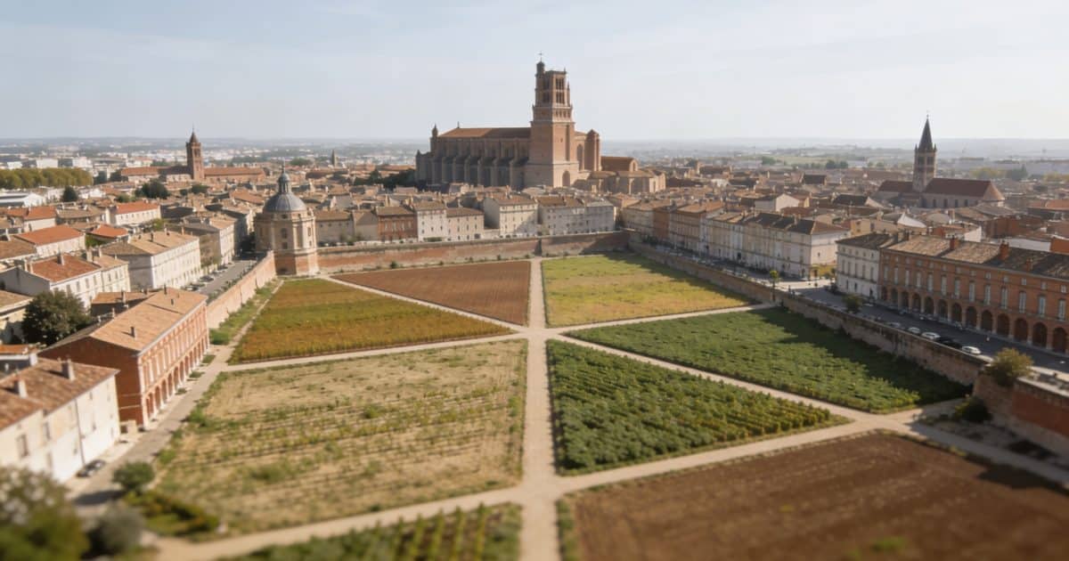 Vue aerienne de Toulouse avec quatre zones surlignees