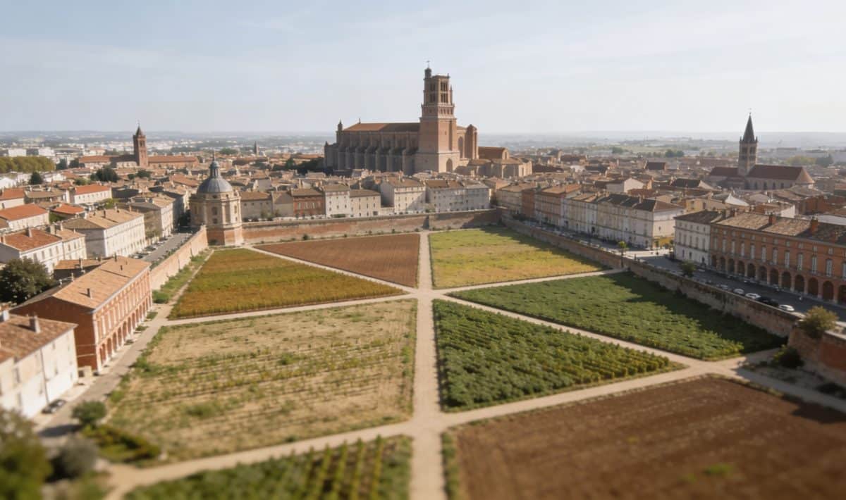 Vue aerienne de Toulouse avec quatre zones surlignees