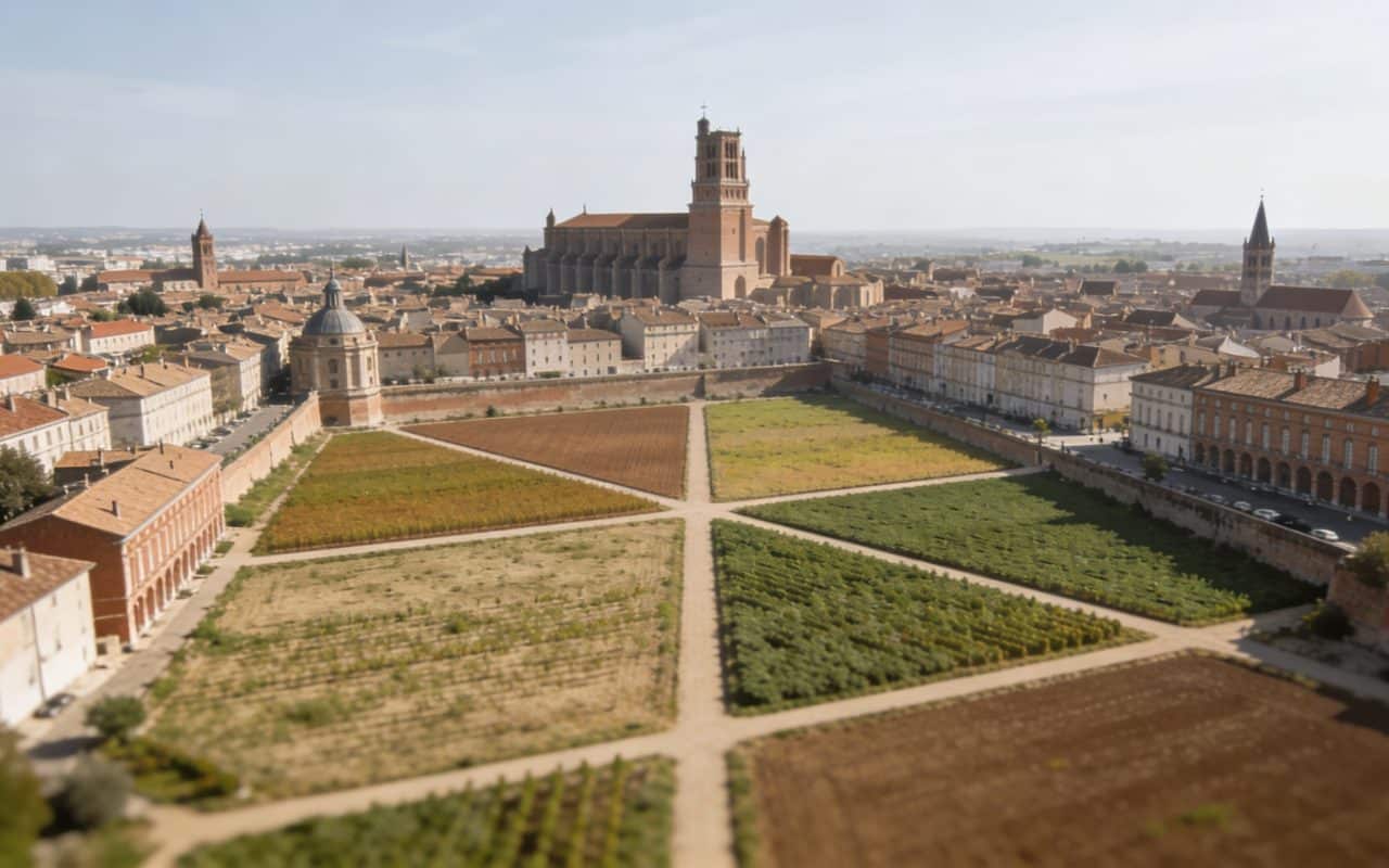 Vue aerienne de Toulouse avec quatre zones surlignees