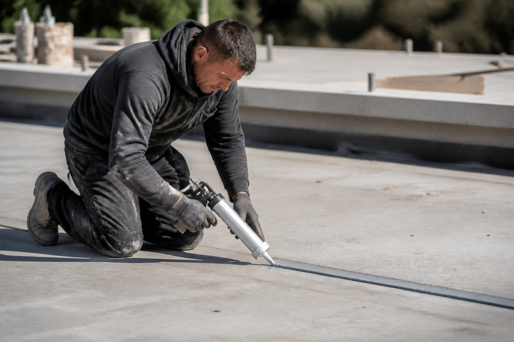 Ouvrier appliquant scelle elastique sur surface betonnee chantier