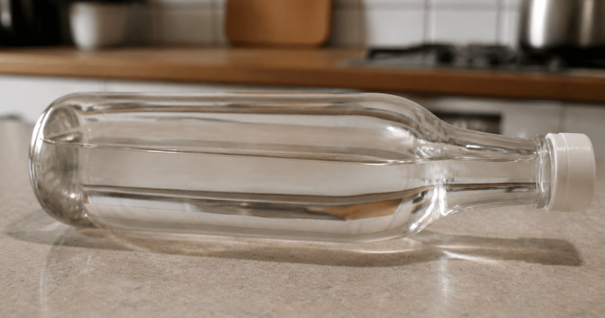 bouteille verre transparente posee horizontalement avec vinaigre blanc