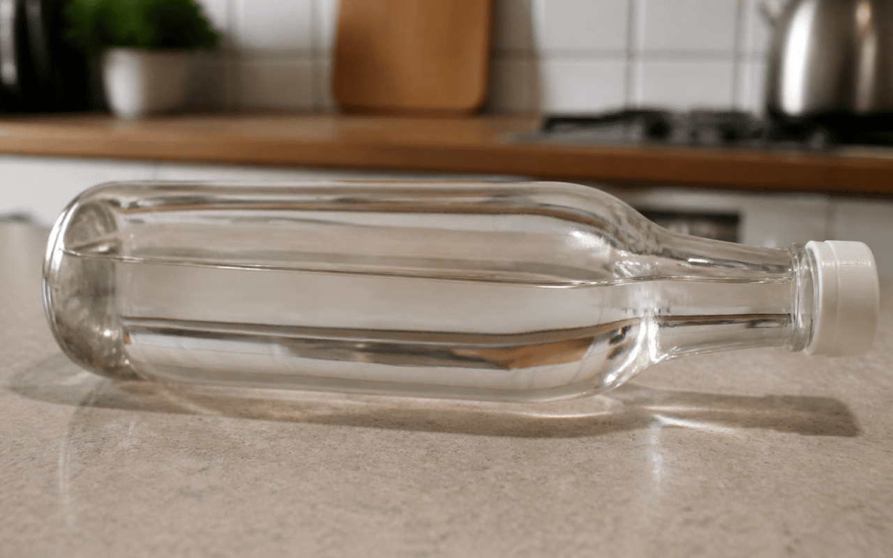 bouteille verre transparente posee horizontalement avec vinaigre blanc