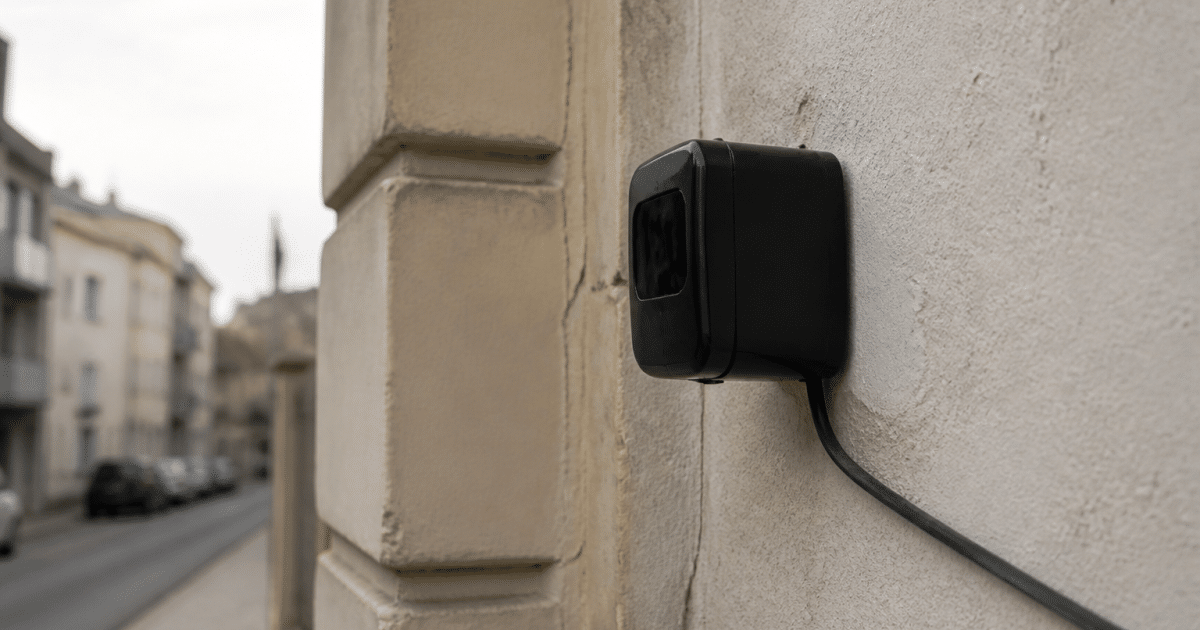 Petit boitier noir fixe au mur surveille rue municipale