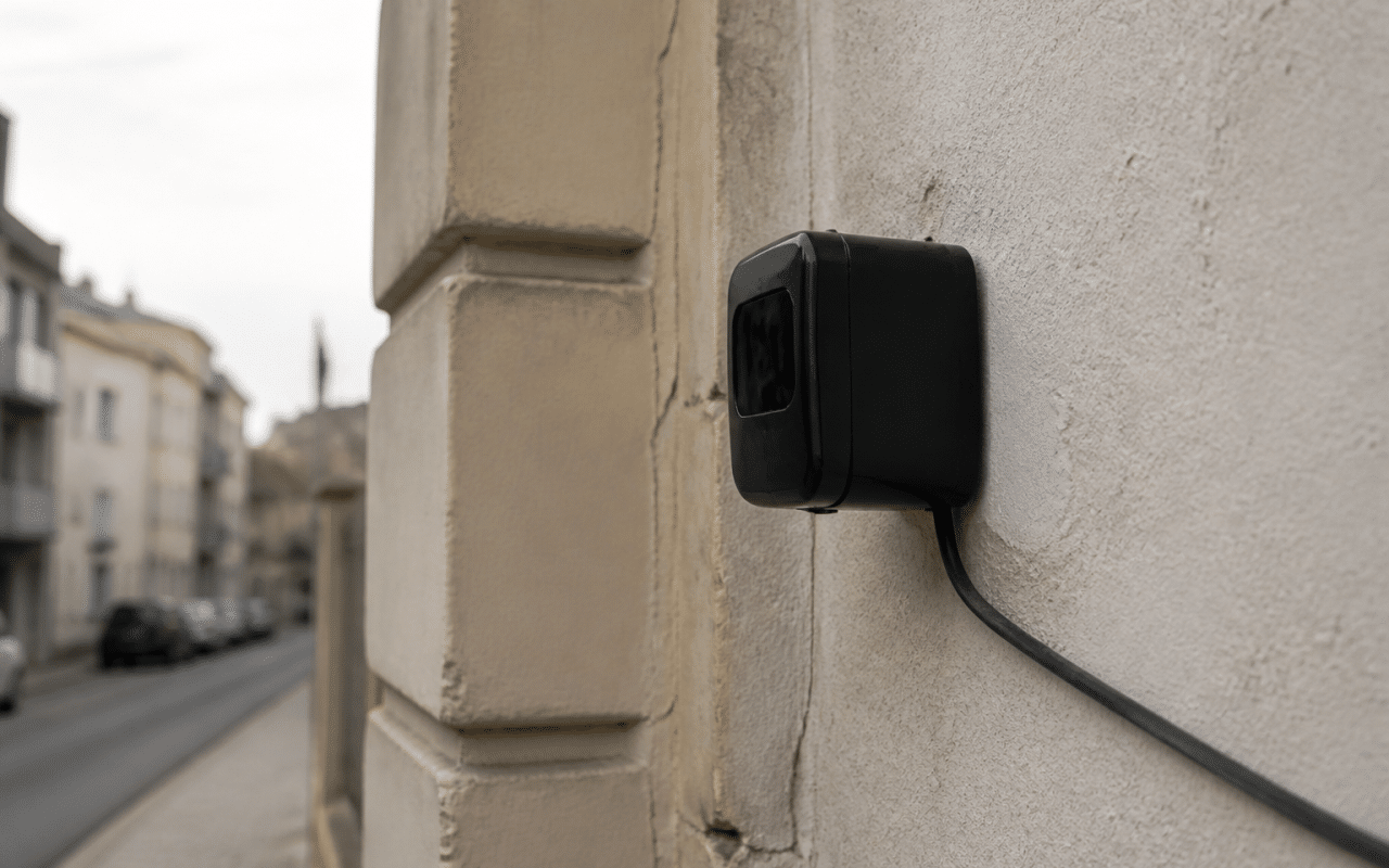 Petit boitier noir fixe au mur surveille rue municipale