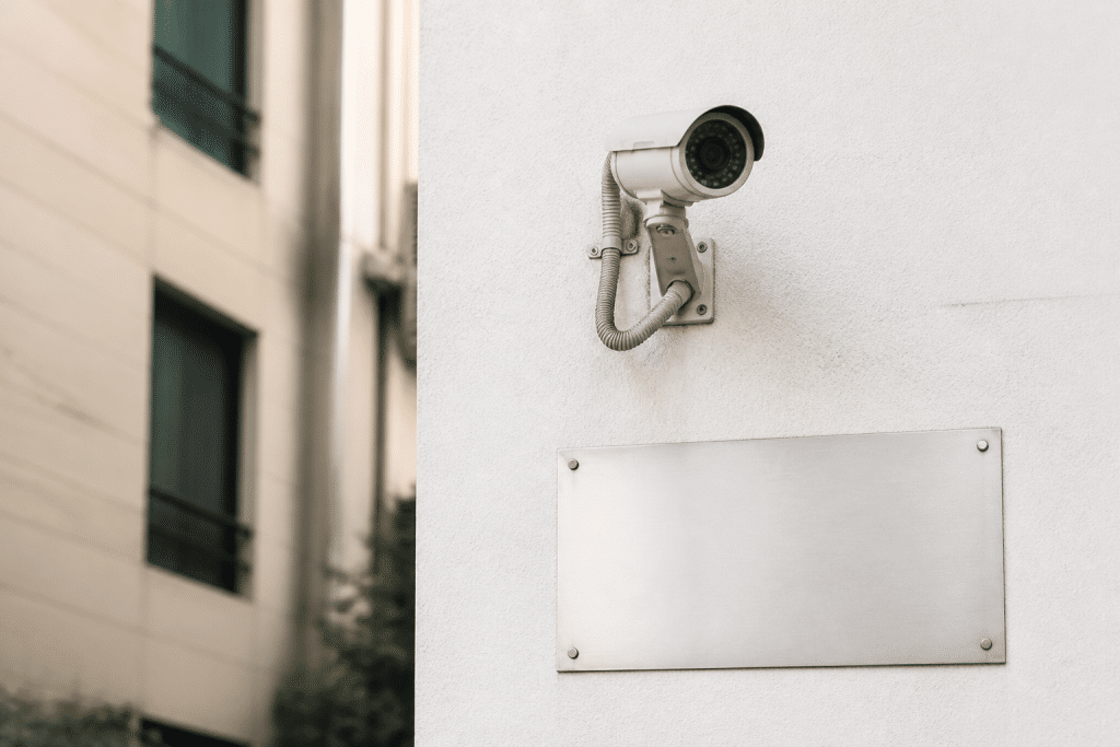 Camera de surveillance avec panneau d'avertissement administratif