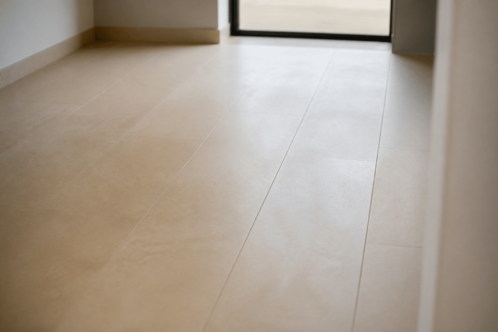 Carreaux de sol beige posés en rangees regulieres sans joints apparents