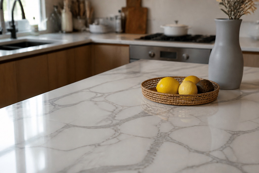 Plan de travail en ceramique brillante avec effet marbre realiste