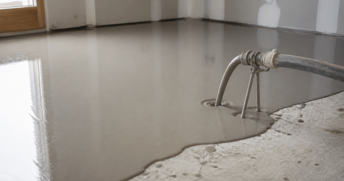 Ouvrier versant resine liquide grise sur sol beton lisse