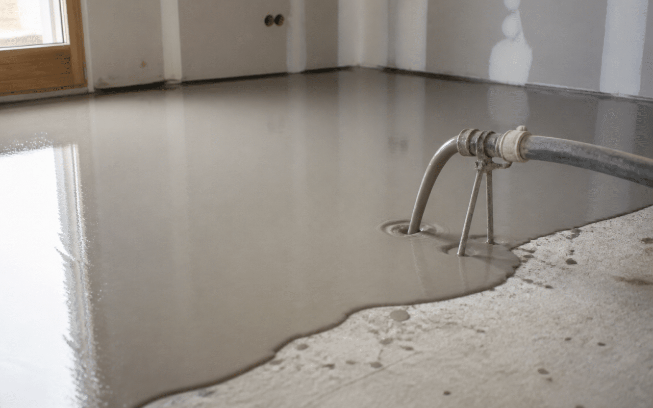 Ouvrier versant resine liquide grise sur sol beton lisse