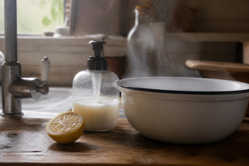 Citron frais, bouteille savon et eau chaude fumante