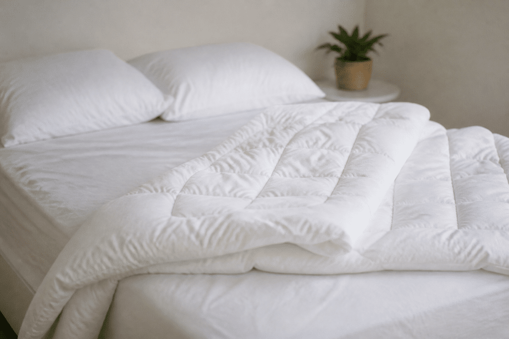 Couette aérée le matin sur lit blanc avec housse protectrice