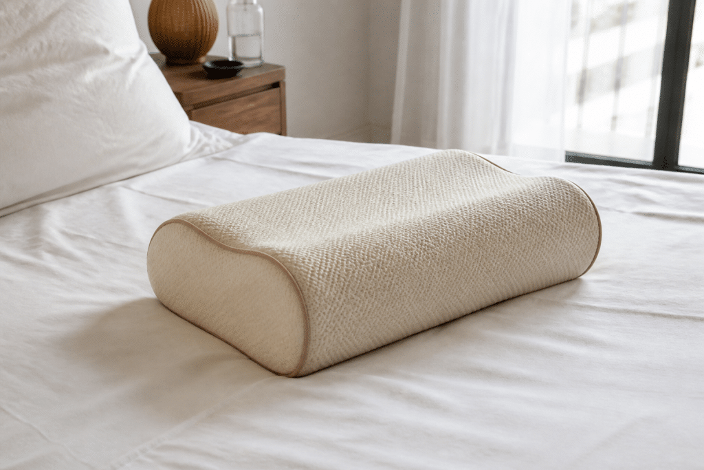 Coussin ergonomique beige sur lit blanc avec étiquette location