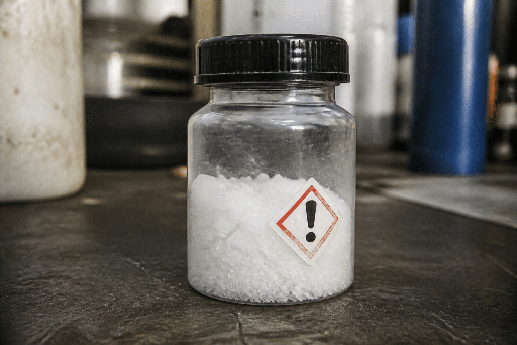 Cristaux blancs dans récipient avec symbole danger