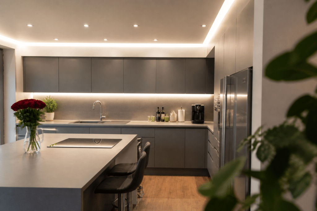 Cuisine moderne avec spots encastrés et bandeau LED blanc