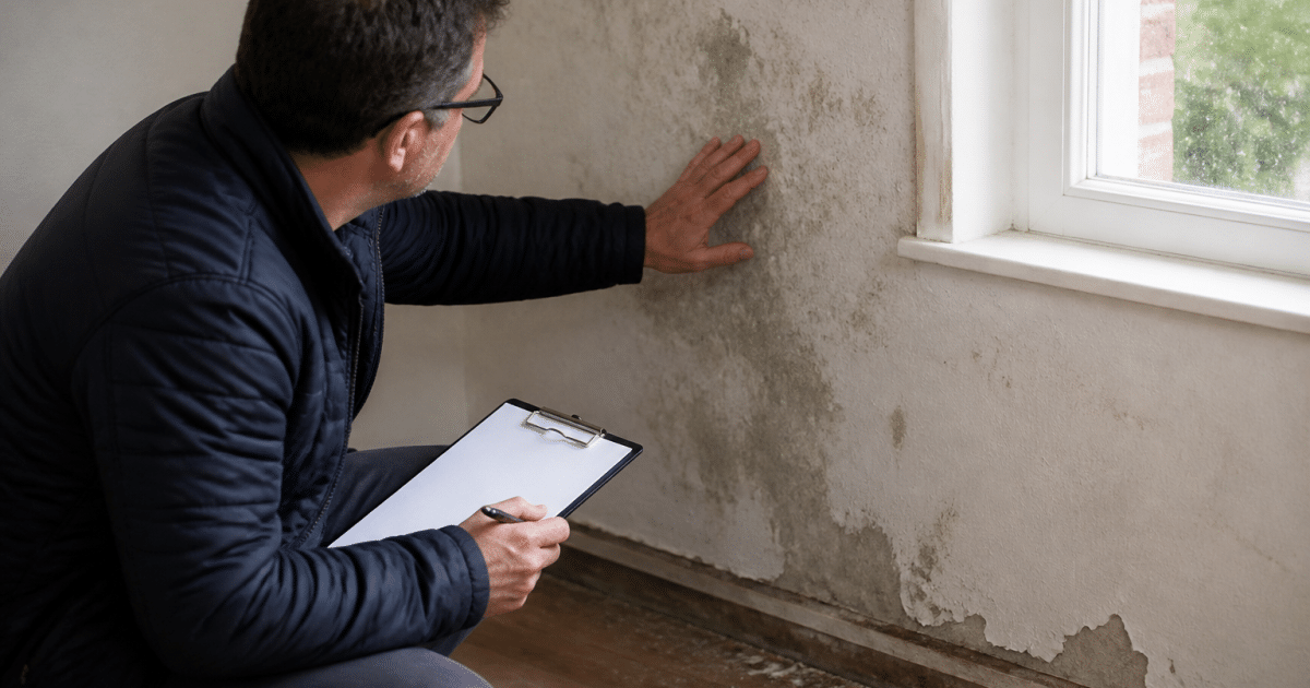 Inspecteur examine murs maison avec clipboard documentation